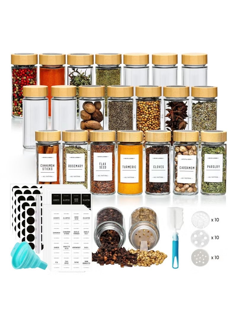 XiuWoo 24 Glass Spice Jars Set 4oz Empty Rounded Spice Containers Glass Spice Box set with Bamboo Lids Labels Stickers Shaker Lids Paint Pen Silicone Collapsible Funnel Brush - Image 1